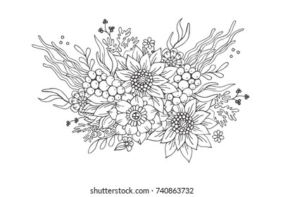 Hand-drawn flower composition. Coloring page - zendala, design for spiritual relaxation for adults, vector illustration, isolated on a white background. Zen doodles.