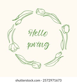 Cadre de fleurs dessiné à la main en tulipes. Une élégante couronne ronde. Illustration vectorielle d'éléments botaniques minimalistes pour étiquettes, logos, cartes postales, invitations de mariage