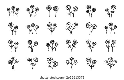 Conjunto de iconos de flores dibujadas a mano: lindo Paquete de Clipart de arte de línea botánica minimalista con siluetas florales y de hojas para proyectos de Naturaleza, artesanía y diseño