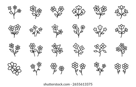 Hand-Drawn Flower Icon Set – Cute Minimalist Botanical Line Art Clipart Bundle Featuring Floral and Leaf Silhouettes for Nature, Craft, and Design Projects