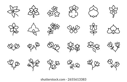 Conjunto de ícones de flores desenhadas à mão - Conjunto de clipart de arte de linha botânica minimalista bonito com silhuetas florais e de folhas para projetos de natureza, artesanato e design