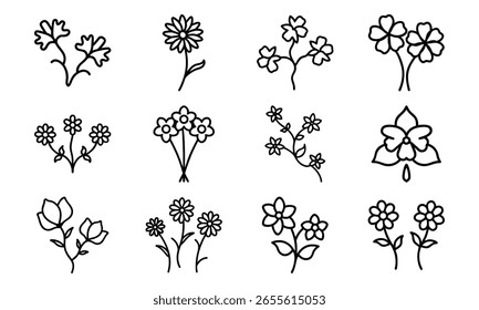 Hand-Drawn Flower Icon Set – Cute Minimalist Botanical Line Art Clipart Bundle Featuring Floral and Leaf Silhouettes for Nature, Craft, and Design Projects