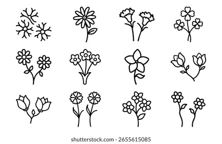 Hand-Drawn Flower Icon Set – Cute Minimalist Botanical Line Art Clipart Bundle Featuring Floral and Leaf Silhouettes for Nature, Craft, and Design Projects