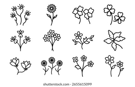 Conjunto de iconos de flores dibujadas a mano: lindo Paquete de Clipart de arte de línea botánica minimalista con siluetas florales y de hojas para proyectos de Naturaleza, artesanía y diseño