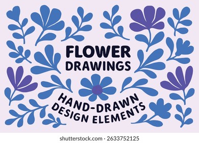 Hand-Drawn Flower and Leaf Illustration Set in Purple and Blue on Lavender Background for Creative Design Projects