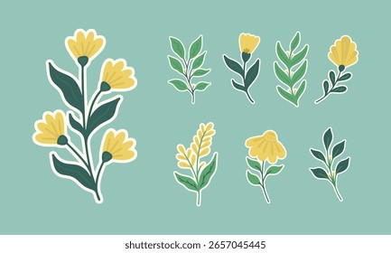 Coleção de Adesivos de Flor e Folha Desenhados à Mão