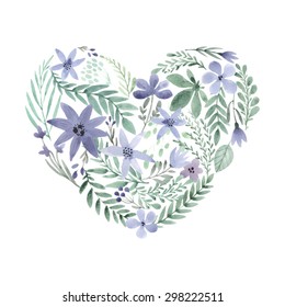 Handdrawn flower made of watercolor flowers. Vector watercolor floral concept for invitation card, save the date, valentines day greeting card. Summer design element. Heart icon. Organic flowers.