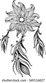 Hand-drawn flower mandala dreamcatcher with feathers. Ethnic illustration, tribal, American Indians traditional symbol.
