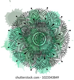 Hand-drawn flower Mandala with green watercolor splashes. Islam, Arabic, Indian, moroccan,spain, turkish, pakistan, chinese, mystic, ottoman motifs. Anti-stress therapy patterns. Yoga logos Vector.