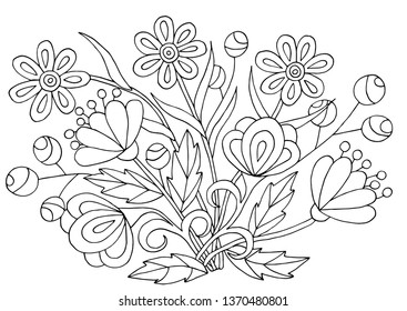 Hand-drawn flower patterns, coloring page for children and adults