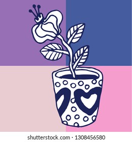 Hand-drawn flower in a pot on square purple background