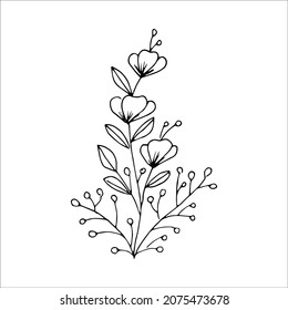 Hand-drawn flower single doodle element for coloring, invitation, postcard. Black and white vector image