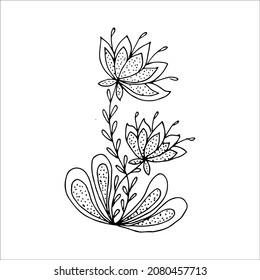 Handgezeichnete Blume Einzeldoodle-Element zum Färben, Einladung, Postkarte. Schwarz-Weiß-Vektorbild