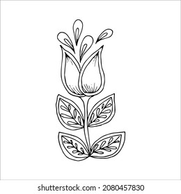 Hand-drawn flower single doodle element for coloring, invitation, postcard. Black and white vector image