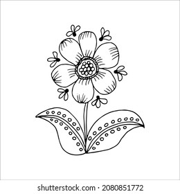 Hand-drawn flower single doodle element for coloring, invitation, postcard. Black and white vector image