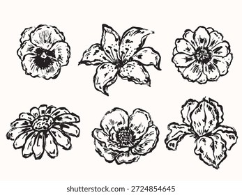 Hand-drawn flower stamp vector set with lilies, daisies, poppies, anemones, pansies, and irises. Includes leaves and decorative elements. Perfect for greeting cards and seasonal designs