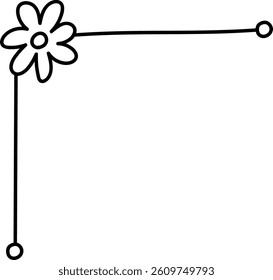 A hand-drawn flower with stems and circles forms a corner border.  This minimalistic, clean frame is perfect for decoration or page layouts. Cartoon vector illustration