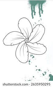 Handgezeichneter Blumenvektor mit grünen Farbtropfen und -spritzer auf weißem Hintergrund, ideal für moderne botanische Kunst, abstrakte Blumendesigns oder kreative Illustrationsprojekte.