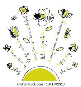 Hand-drawn flowers with bee, dragonfly. Design for card, posters, t-shirts, advertisement. Floral design and doodle elements. Vector abstract illustration