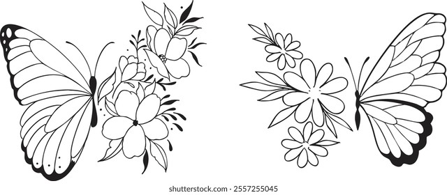 Hand-drawn flowers with butterflies icons vector line art