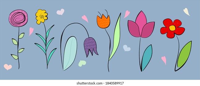 Handdrawn flowers, cartoon and doodle style. Vector illustration.