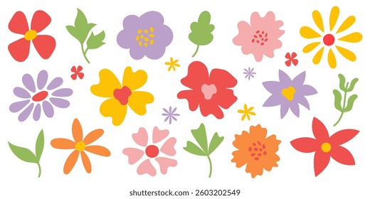 Hand-drawn flowers. Cute spring flowers. Hand-drawn flower collection in a modern flat style. Bright abstract flowers and leaves. Decorative botanical elements for prints, fabrics, and designs.