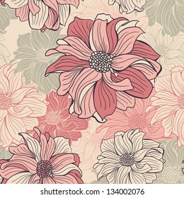 Hand-drawn flowers of dahlia. Seamless vector background.
