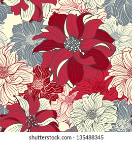 Hand-drawn flowers of dahlia. Seamless vector background in dark-red and gray colors.