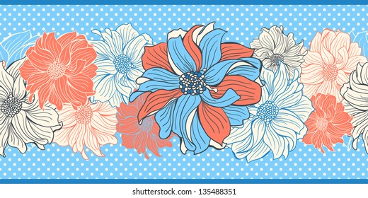 Hand-drawn flowers of dahlia. Seamless vector border.