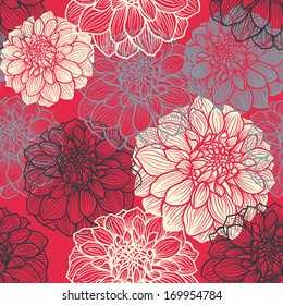 Hand-drawn flowers of dahlia. Seamless vector pattern. Background in red, grey and black colors.