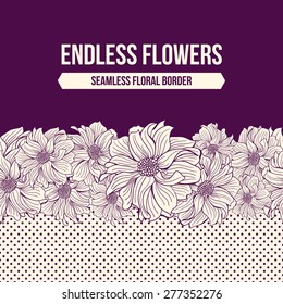 Hand-drawn flowers of dahlia. Seamless vector border. Deep purple colors. Vector illustration.