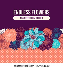 Hand-drawn flowers of dahlia. Seamless vector border.  Mint, turquoise, aqua and coral colors. Polka dot background. Blank space for your text. Vector illustration.