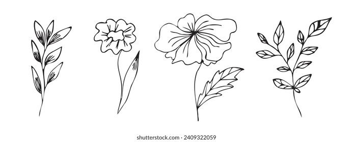 Hand-drawn flowers in Doodle style on a white background. Vector.