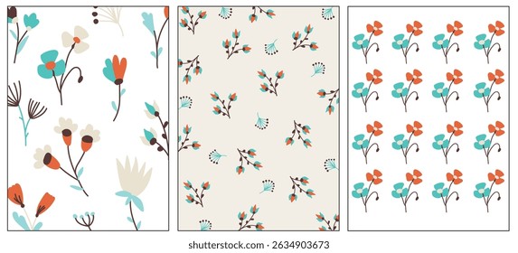 Hand-drawn flowers. Flower doodles. Postcards with simple flowers. A set of postcards with floral patterns. Vector cute brochure
