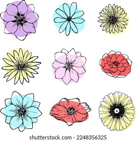 Hand-drawn flowers with paint stains