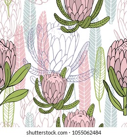 Hand-drawn flowers protea.  Vector  seamless pattern