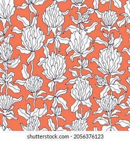 Hand-drawn flowers Seamless vector pattern. Botanical illustration for fabric design, wallpaper, packaging. White and orange colors