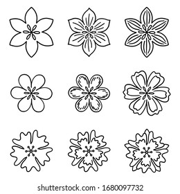 Hand-drawn flowers. A set of 9 hand-drawn vector flowers, line art, black outlines.