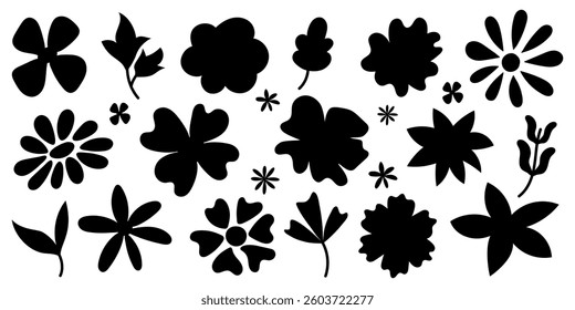 Hand-drawn flowers. Set of black floral silhouettes, botanical elements, wildflowers, leaves, nature clipart, vintage retro flowers, abstract foliage, decorative floral pattern, isolated design