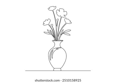 Handgezeichnete Blumen in Vase kontinuierliche Linie Kunst. Vase lineares Design im Doodle-Stil