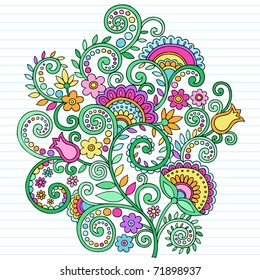 Hand-Drawn Flowers and Vines Psychedelic Groovy Notebook Doodles Design Element on Lined Sketchbook Paper Background- Vector Illustration