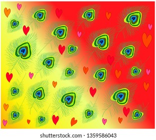 Hand-drawn fluffy peacock feather with multicolored hearts of love on a red-orange background