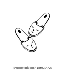 Las zapatillas esponjosas hechas a mano con una cara bonita. Ilustración del vector Doodle sobre fondo blanco para tarjetas, etiquetas, diseño