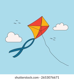 Handdrawn flying kite illustration. Colorful kite in the sky flat sketch