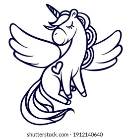 Hand-drawn flying magical unicorn with a heart. Contour on a white background.