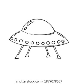 Hand-drawn flying saucer,UFO.Alien aircraft,spaceship to travel through space.Doodle style,simple minimalistic drawing.Fantasy sketch,line art.Isolated.Vector illustration