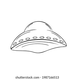 Hand-drawn flying saucer,UFO.Alien aircraft,spaceship to travel through space.Doodle style,simple minimalistic drawing.Fantasy sketch,line art.Isolated.Vector illustration
