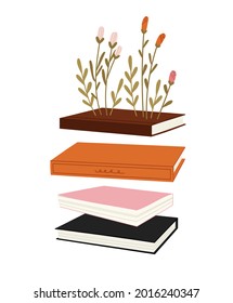 Hand-drawn flying stack of books, with flowers, isolated on white. Objects for learning, reading, school tools. Сoncept of human growth through reading. Colored vector illustration, isolated on white.