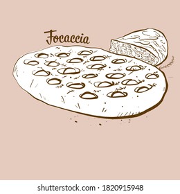 Hand-drawn Focaccia bread illustration. Yeast bread, usually known in Italy. Vector drawing series.