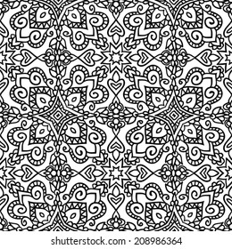 Hand-drawn folk seamless pattern in black and white.